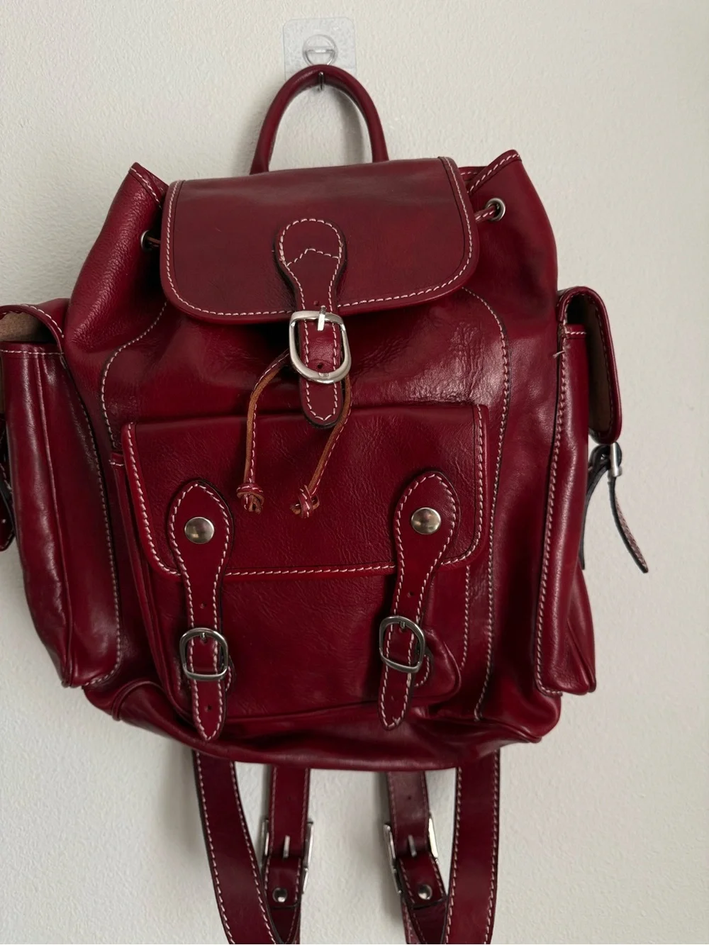Genuine Leather Deep Red Backpack Multi-pocket